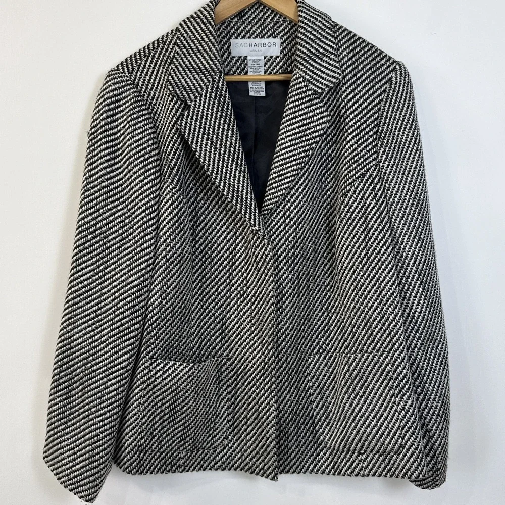 Vintage‎ Sag Harbor Jacket Size 16W Black White Textured Snap Button Pockets